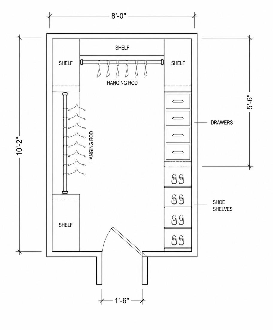 Floor-plan style overhead drawing of a walk-in closet with measurements