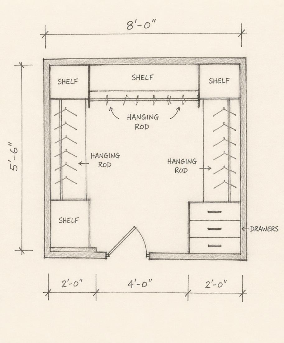 Hand-drawn overhead sketch of a walk-in closet with rough measurements