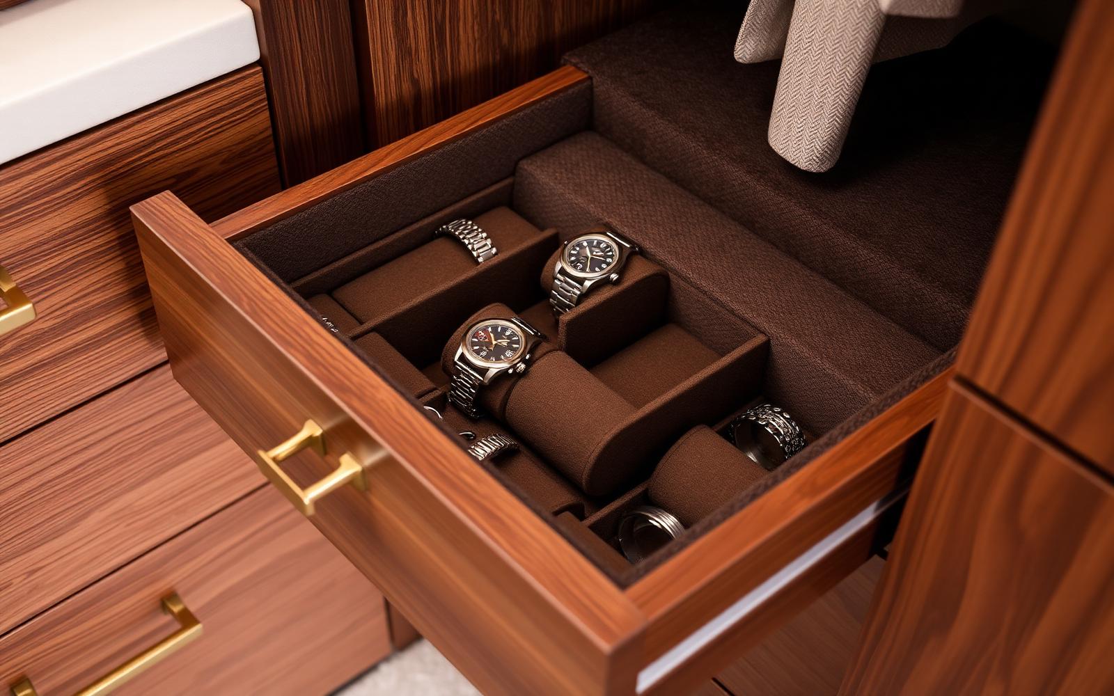 Velvet-lined watch drawer detail